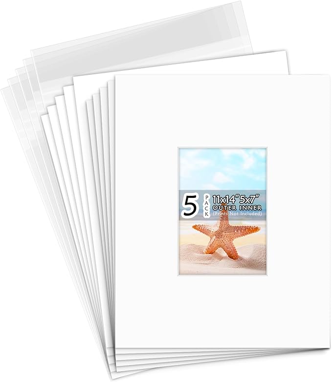 Golden State Art, Acid Free, Pack of 5, 11x14 White Picture Mats Mattes with White Core Bevel Cut for 5x7 Photo + Backing + Bags