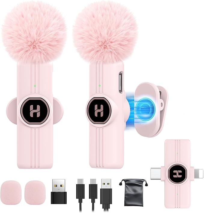 USB C Mini Wireless Lavalier Microphone for iPhone 15 16, iOS and Android Devices - Noise Reduction Lapel Mic for Recording, Clip Omni Lav Mic for Video Recording, Tiktok, Youtube, Vlog (Pink)