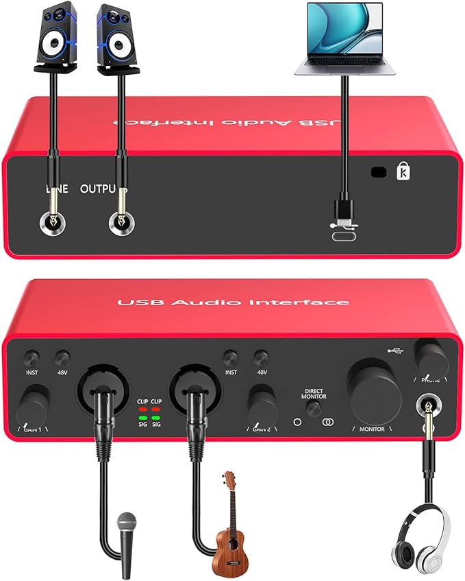 USB Audio Interface, 24Bit/192kHz Studio Recording, 48V Phantom Power, Zero-Latency Monitoring – Compatible with Mac/PC, DAWs, Ideal for Music Production, Podcasting & Voice Over