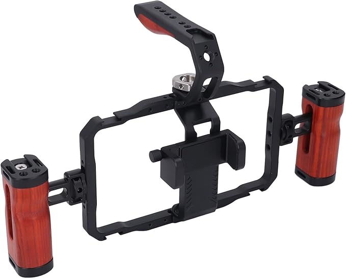 Smartphone Video Rig Smartphone Video Rig Kit, Aluminum Alloy Detachable Dual Wooden Handles Phone Cage for Vlogs, Live Streaming, and Stable Shoots