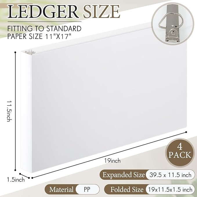 Humyoun 4 Pcs 11 x 17 Inch 3 Ring Binders 1 Inch Rings Heavy Duty View Plastic Flexible D Ring Binders Economy Holds 11" x 17" Paper for Artwork Blueprints, Office, Home, Work Places (White)