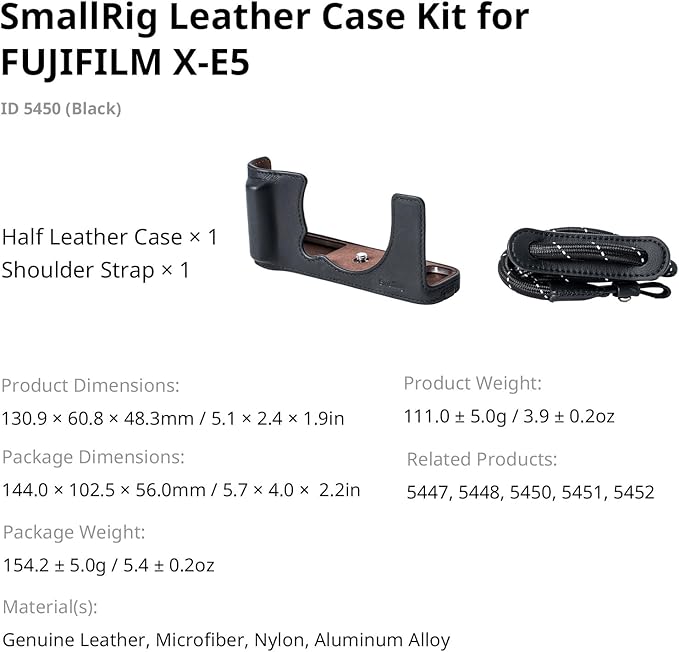 SMALLRIG X-E5 Leather Case Kit for FUJIFILM X-E5, Vintage Half-Body Case with Shoulder Strap, Genuine Leather Material（Black）- 5450