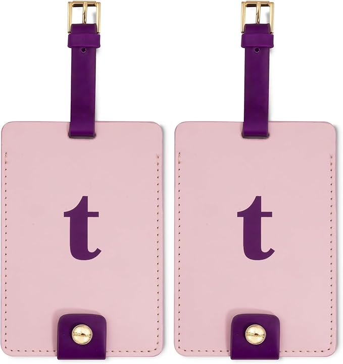 Kate Spade New York Leatherette Luggage Tag with Secure Strap, Colorful Suitcase Identifier for Travel, Monogram Bag Tag ID (T) (Pack of 2)