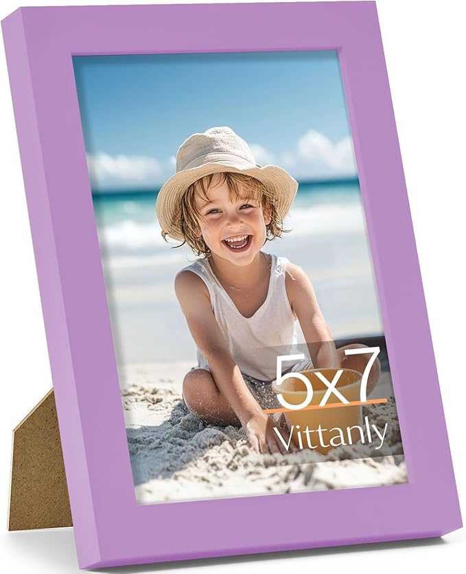 Vittanly 5x7 Picture Frame, Made of Solid Wood and Shatterproof Plexiglass, Wooden Photo Frame for Wall Mounting or Tabletop Display, Picture Frame for Home Decor with Stand, Purple, 1 Pack