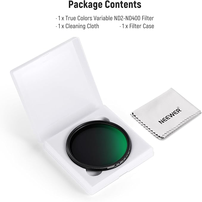 NEEWER 82mm True Colors Variable ND2-ND400 Filter, Hard Stops Adjustable Neutral Density VND Filter with Multi Coated HD Optical Glass/Aluminum Frame/Water Repellent/Scratch Resistant