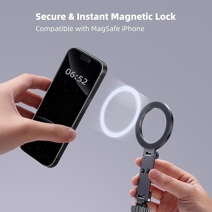 Magnetic Phone Tripod Mount Adapter with 1/4" Thread, Cold Shoe Phone Holder for Camera. Compatible with MagSafe for iPhone, 360° Rotatable, Foldable, Portable Design for Photography Video Vlog