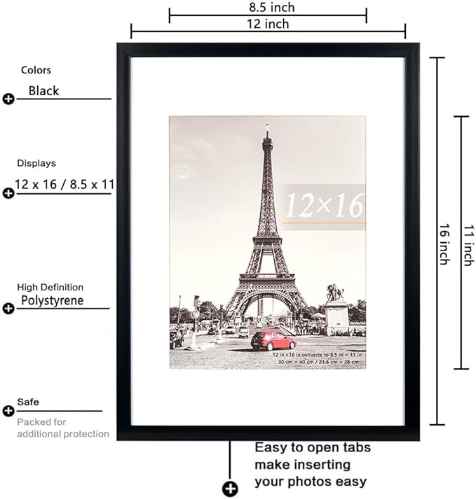 kennethan 12x16 Picture Frame Black 3 Pcs in 1 set 12x16 Frame can Display 8.5x11 inch Picture with Mat or 12x16 inch Picture Without Mat on the Wall