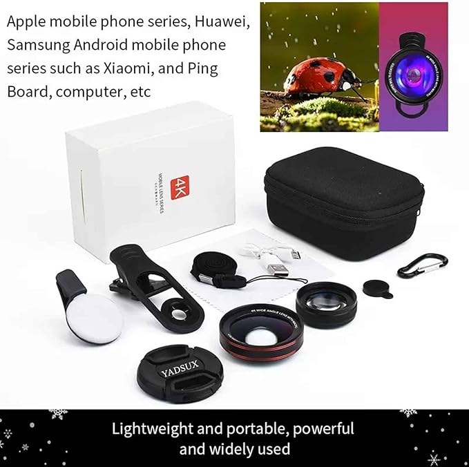 4K HD 0.45X Wide Angle Lens + 15X Macro Lens for iPhone Samsung - with Mini Selfie Ring Light, Quick Clip, Release Strap, Cleaning Cloth & Travel Case - Universal Phone Camera Lens Kit for Photography