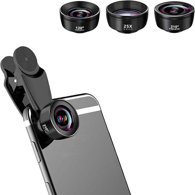 3-in-1 Smartphone Lens Kit - 210° Fisheye, 120° Wide-Angle, 25X Macro for Stunning Photography - Compatible with iPhone/Android/Cellphone and Tablet