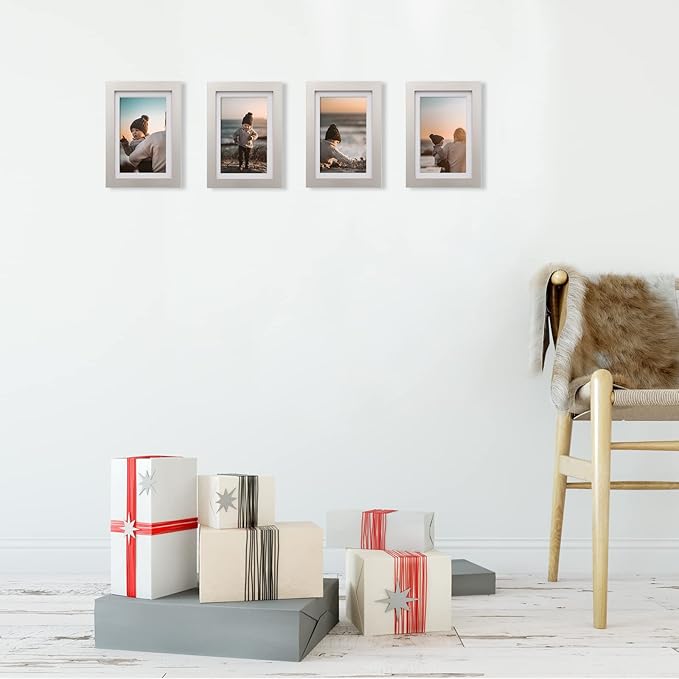 KINLINK 4x6 Frame Light Grey, Solid Wood 4 x 6 Picture Frame with Acrylic Plexiglass for 3.5x5 with Mat, Tabletop and Wall Display Photo Frames 4x6 Grey, 4 Pack