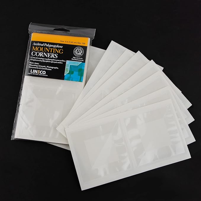 Lineco Self-Adhesive Acid-Free Archival Polypropylene Mounting Photo Corners, Full View, 3 inches, Used for Scrapbook, DIY and Displaying Pictures, Package of 100, Clear