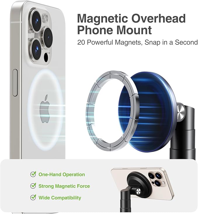 elitehood Magnetic Phone Stand for Overhead Recording, 15 in Long Arm Magsafe iPhone Holder for Video Recording, 360 Swivel Tilt Overhead Phone Mount for Filming, Meeting, Cooking, Painting, Crafting