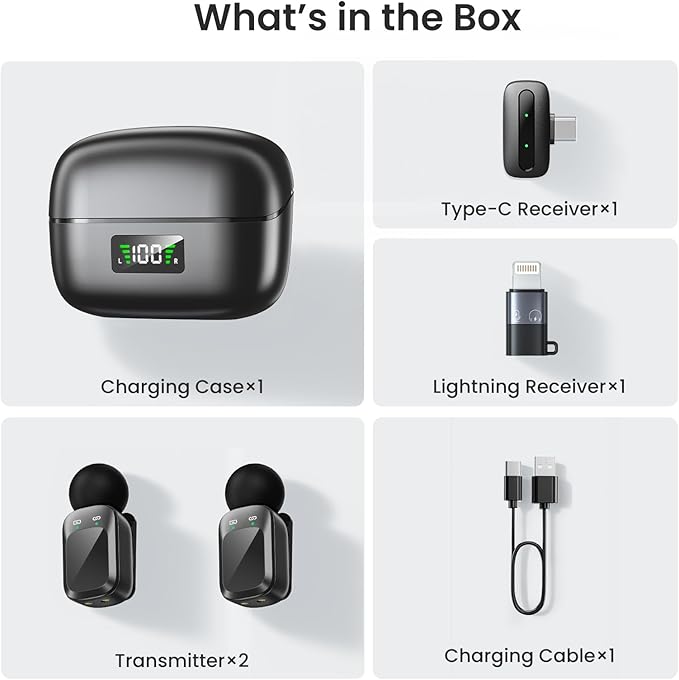 Mini Microphone, Ultra-Light Wireless Microphone for iPhone/Android, 30H Battery Life with Charging Case, 48kHz/24bit, Noise Cancellation for Vlogging, Streaming