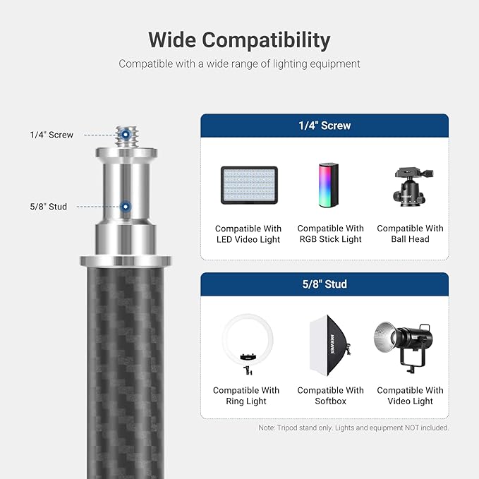 NEEWER Carbon Fiber Tripod Stand w Reversible Legs, 35"-102" Portable Lightweight Photography Light Stand for Strobe Softbox Ring Light Action Cam DSLR Streaming Recording, 6.6lb/3kg Max Load, ST260C