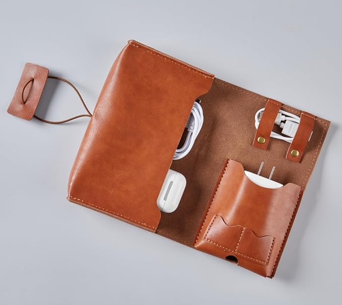 Vintage leather Electronic organizer travel case,cord keeper travel pounch, charger shortage for essentials mouse, adapter, cables,Cable Straps,Earbud case,wrap (Brown leather with band & Organizer)