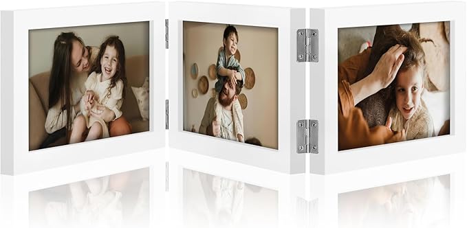 decorUhome Triple 6x4 Picture Frame Horizontal, Engineered Wood Trifold Photo Frame with Plexiglass for Tabletop Display, 6x4, White