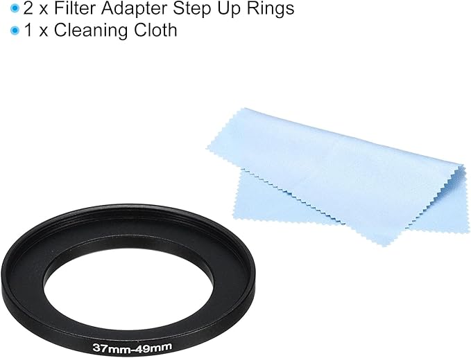 PATIKIL 37mm-49mm Metal Step Up Ring with Cleaning Cloth, 2 Pack Camera Lens Filter Adapter Ring Aluminum Filter Adapter Ring for Camera Lenses Hood, Black