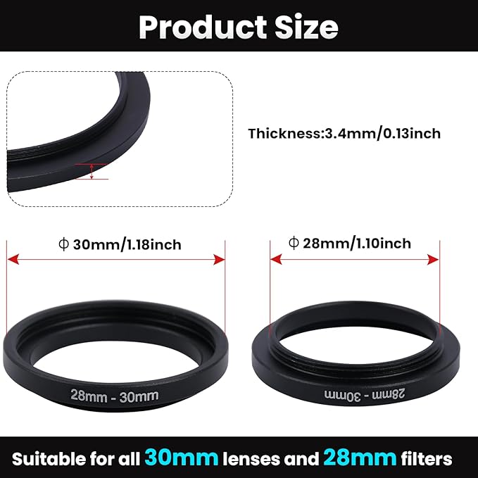 Metal Step Up Ring Filter Adapter - 28mm to 30mm - Metal Ring Step Up Rings Adapter Filter Compatible with All 30mm UV, CPL, ND, Lens Hood, Threaded Lens ect