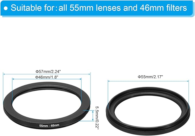 PATIKIL 55mm-46mm Metal Step Down Ring, Camera Lens Filter Adapter Ring Aluminum Filter Adapter Ring for Camera Lenses Hood, Black