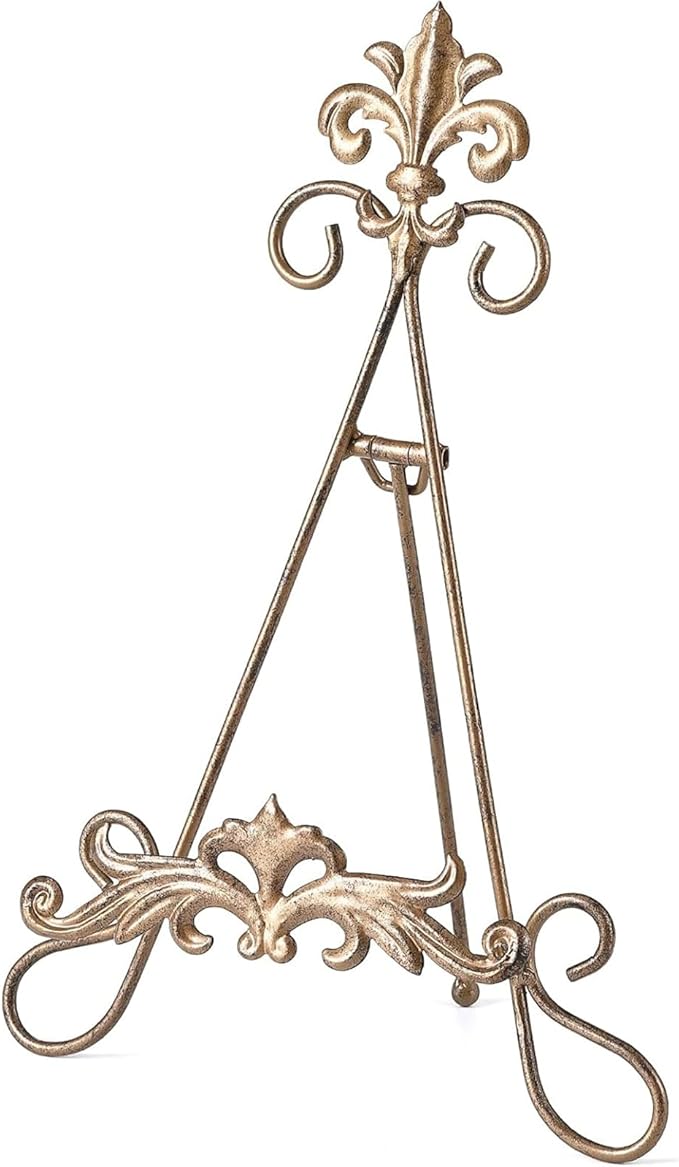 13.8" H Fleur-de-Lis Easel Stand,Metal Book Stand, Plate Holder Display Stand, Picture Frame Stand, Home Decor (Bronze)