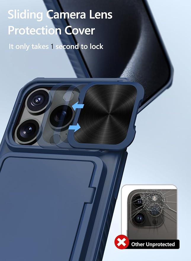 Vihibii for iPhone 15 Pro Wallet Case with Card Holder (4 Cards) & Slide Camera Lens Protective Cover & Kickstand, Heavy Duty Shockproof Rugged Durable Phone Case for iPhone 15 Pro 5G 6.1" 2023, Blue