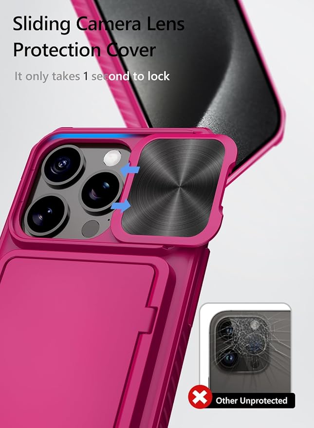 Vihibii for iPhone 15 Pro Case with Card Holder (4 Cards) & Slide Camera Cover & Kickstand, Shockproof Rugged Hard Back & TPU Soft Edge Wallet Phone Case for iPhone 15 Pro 5G 6.1" 2023 (Pink)