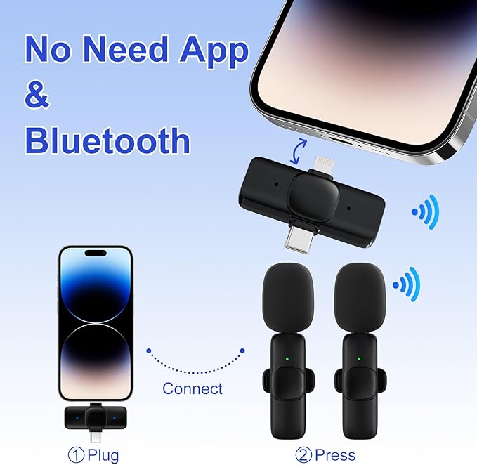2 Pack Wireless Lavalier Microphone for iPhone,Android, USB C, Clip-on Mics, Bluetooth Lapel Mic for Video Recording Interview Vlog YouTube TikTok