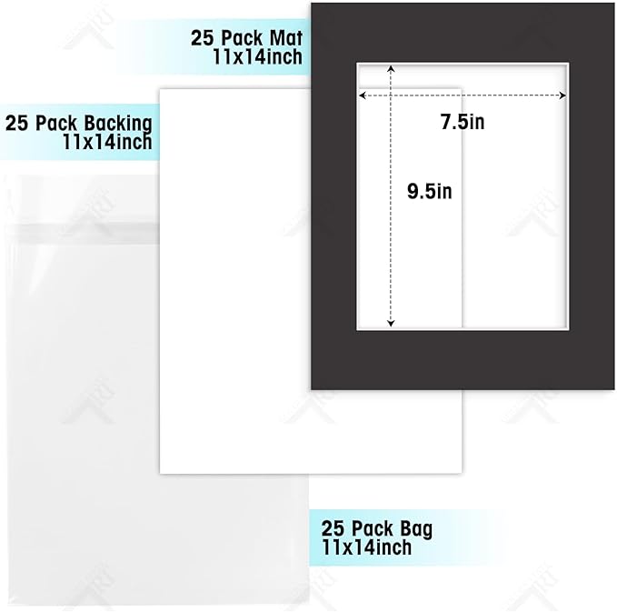 Golden State Art, Acid Free, Pack of 25 11x14 Black Picture Mats Mattes with White Core Bevel Cut for 8x10 Photo + Backing + Bags