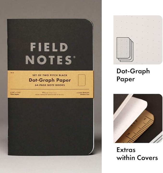 Field Notes 2-Pack Pitch Black Notebooks (4.75" X 7.5"), Dot-graph, 64 Pages | Thin Pocket Sized EDC Notebook With 90 GSM Paper & Paperback Cover | Work Notebooks For Note Taking | Made in the USA