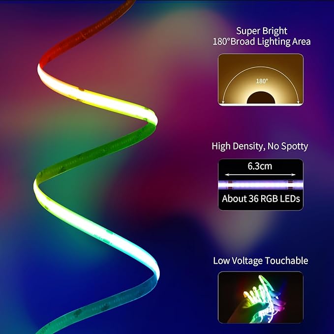 20FT LED Strip Lights COB Smart IC, 24V RGB LED Lights for Bedroom with RF Remote Smart App Button Controller Music Sync Color Changing Strip Lights for Game Room Kitchen Cabinet Lighting