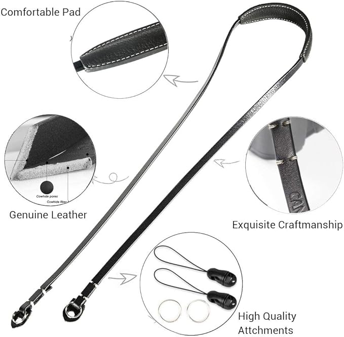 CANPIS CP005 Leather Camera Neck Shoulder Strap with Movable Pad compatible with Sony Leica Canon Fujifilm Olympus Panasonic Camera (Color: Black, Length 108cm)