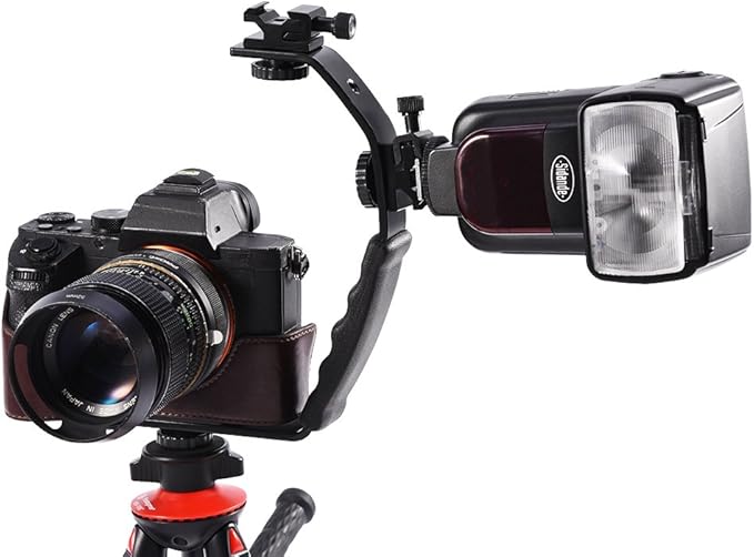 Camera L Bracket Mount Video Grip L Shaped Aluminum Alloy Heavy Duty Camera Bracket Holder with Dual Flash Cold Shoe Mount 1/4" Tripod Screw for DSLR Camcorder