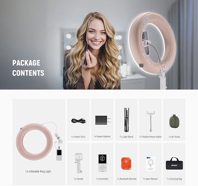 NEEWER 14" Inflatable Large Ring Light with Tripod Stand/Phone Holder/Remote, 35W Portable LED Ringlight 2900-6500K 2400lux CRI95+ for iPhone Selfie Streaming Video Recording Makeup Lash Studio, RA14B