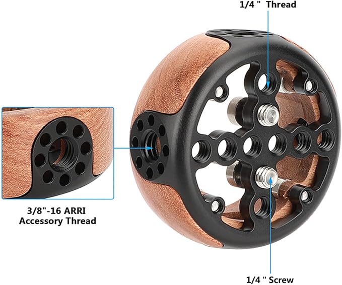 Round Side Camera Handle Handgrip, Wooden Quick Release Rail Rod Clamp, Ergonomic Hollowed Out Design, Aluminum Alloy with CNC Machining, for SLR Camera Mirrorless Camera Cage