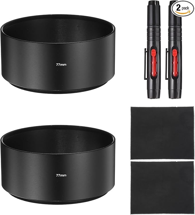 PATIKIL 2 Pcs Lens Hood Shade, 77mm Long-Focus Mount Standard Screw-in Metal Camera Cap Shade with Cleaning Cloth and Cleaning Pen, Black