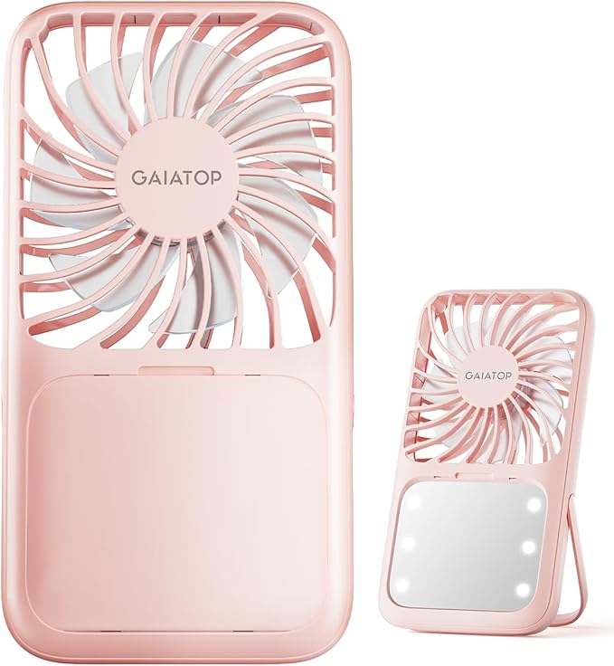 Gaiatop Portable Handheld Fan, 3 Speed LED Makeup Mirror with Light, Folding Stand for Desktop, Rechargeable Mini Personal Fans Small Travel Essentials Gifts for Women Girls