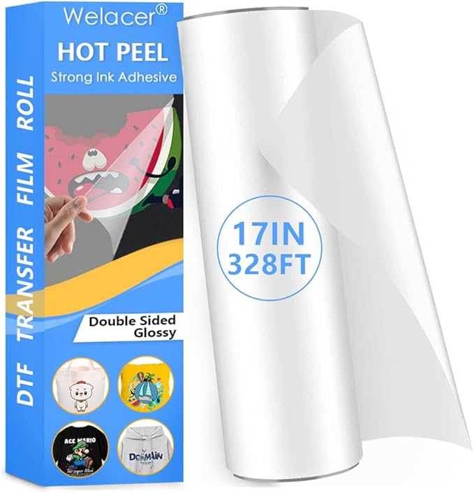 Welacer DTF Transfer Film Roll 17 Inch x 328 FT for Double-Side GLOSSY Clear Pretreat Sheets, PET Heat Transfer Paper for Inkjet Printer Direct Print on T Shirts Textile