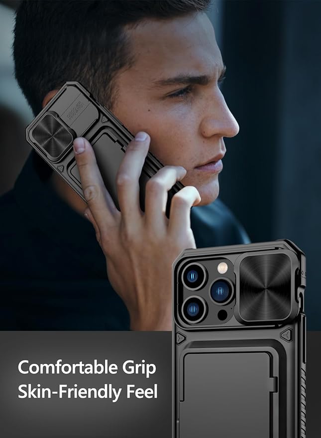 Vihibii for iPhone 15 Pro Max Case with Card Holder (4 Cards) & Slide Camera Cover & Kickstand, Military Grade Drop Protection, Rugged Hard Back & Silicone Edge Wallet Phone Case, 6.7" 2023, Black