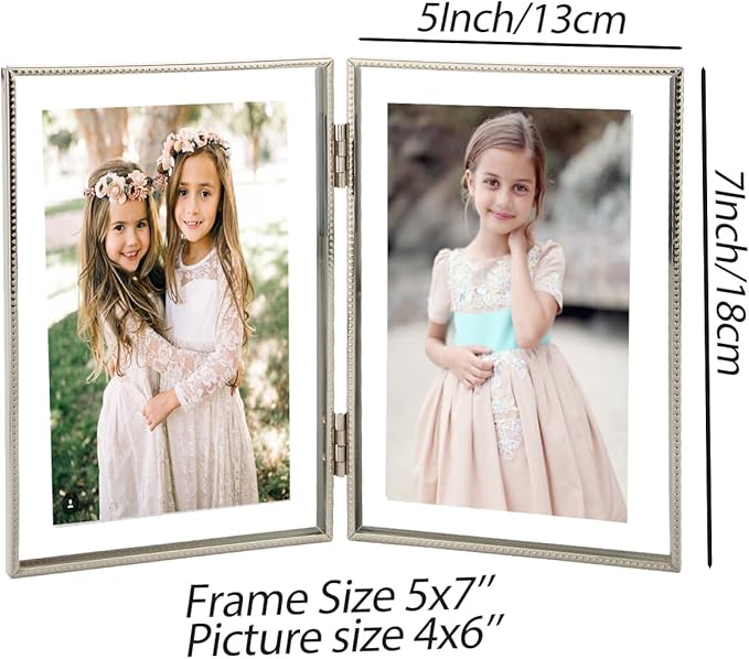 Silver 5x7'' Double Floating Photo Frame | Fits 2x3“ to 4x6” Photos | Metallic Lace Edge | Desktop/Shelf Adjustable Photo Frame | Elegant Gift Idea for Weddings,Thanksgiving and more