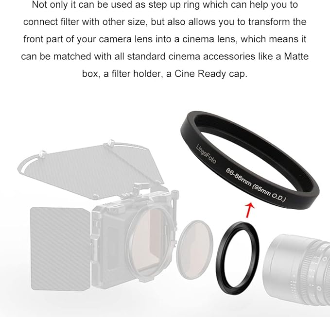 Matte Box Adapter Rings, Lens Adapter 46/49/52/55/58/62/67/72/77/82/86-86mm Step up Ring for 95mm OD Matte Box LingoFoto (86-86/95mm)