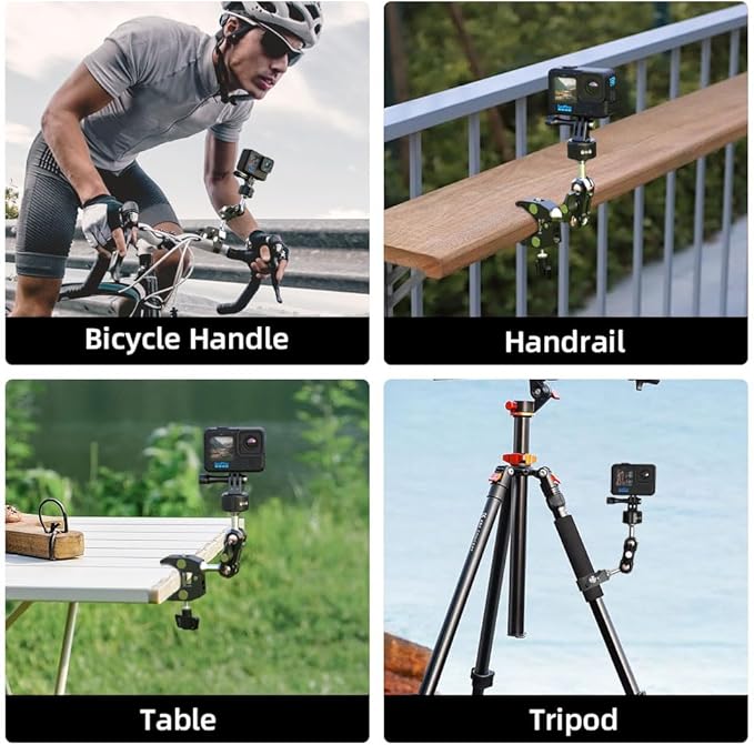 SUREWO Super Camera Clamp Mount,Super Clamp Mount with Dual Ballhead Magic Arm Compatible with Gopro Hero 13,12,11,10,9,8,7,6,5, Insta360 X4/3/2, DJI Osmo Action 6/5 pro/4/3,AKASO and More