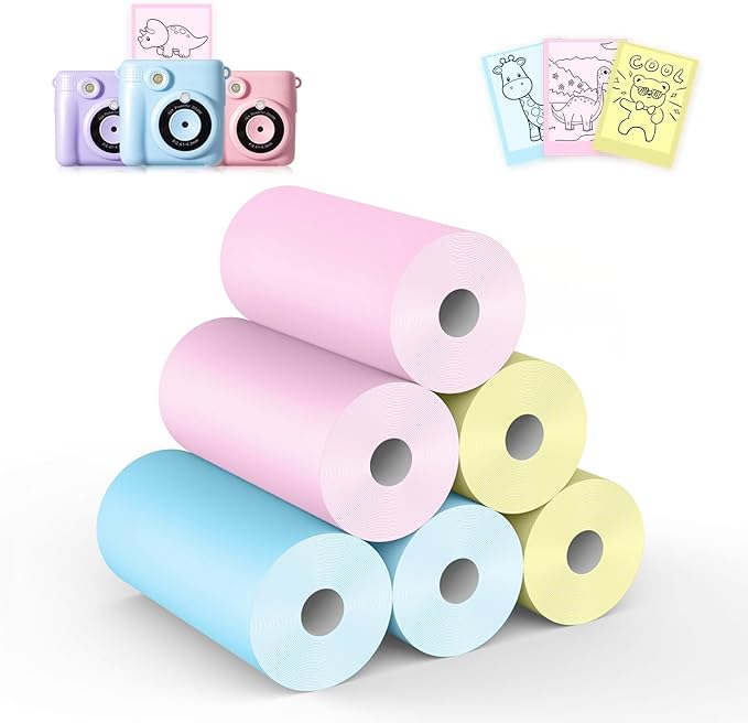 6 Rolls Kids Camera Instant Print Refill Paper Set, Phetium HD Printing Thermal Paper for Most Kids Instant Camera Photo Print (2*Pink, 2*Blue, 2*Yellow)