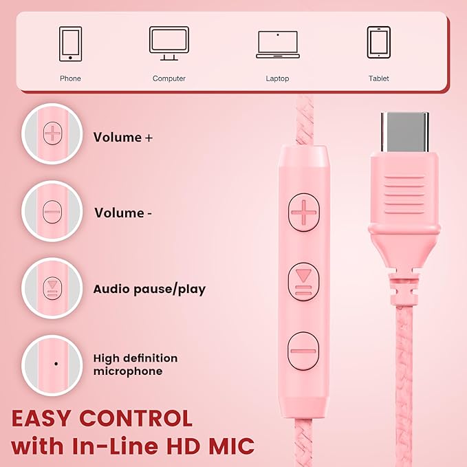 USB C Headphones Wired, Over Ear USB C Wired Headphones with Microphone, Volume Control, HD Stereo Sound, Foldable USB Type C Headphone for Adult/Teens/Laptop/Computer/iPhone 15/16/17, Pink