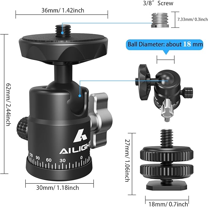 Ailight Mini Ball Head, 360° Panoramic Tripod Head, Universal 1/4" to 3/8" Screw Adapter Swivel Ball Head Tripod Mount, Dual Cold Shoe Mount for DSLR Cameras Camcorder Light Photograph Accessories