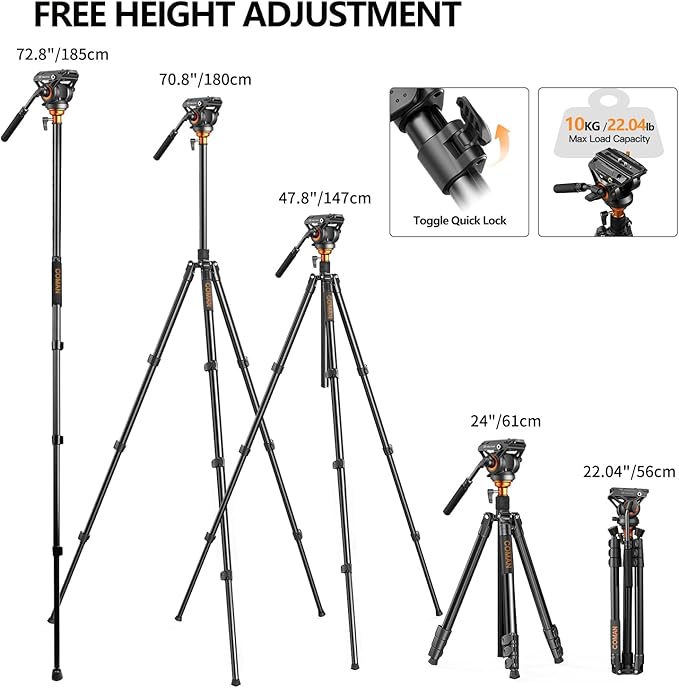 COMAN 73" Camera Tripod with Fluid Head, Lightweight Portable Tripod for Camera with Detachable Monopod Aluminium Alloy and QR Plate for DJI Canon Nikon Sony DSLR Camera Black Max Load 22.04lb(FF06S)