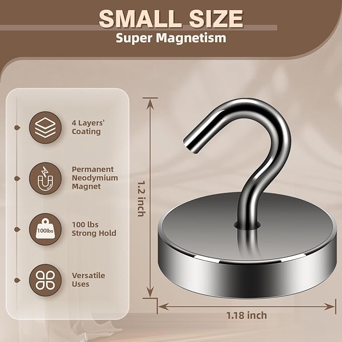 Neosmuk Magnetic Hooks, Cruise Ship Essentials, 100lb+ Heavy Duty Magnetic Hooks for Cruise Cabins, Refrigerator, Grill, Hanging, and Travel | Extra Strong Must-Haves Magnet Hook,Gunmetal, 5 Pack