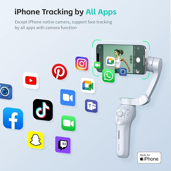 COMITOK Only for iPhone, MOGO [Apple MFi Certified] Gimbal Stabilizer for iPhone with Phone Clip & RGB Light, Support Selecting Tracking Target on Apple Watch & iOS26 Cameras for iPhone 16 15 Pro Max