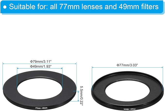 PATIKIL 77mm-49mm Metal Step Down Ring, Camera Lens Filter Adapter Ring Aluminum Filter Adapter Ring for Camera Lenses Hood, Black