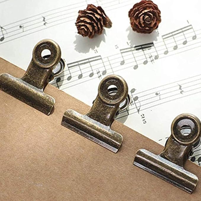 YUCHIYA 20 Pack Metal Clips with 20 Push-pins for Corkboard,Bulldog Clips for Hanging Pictures,Small Hinge Clips for Crafts,Mini Binder Clips Paper File Clamps for Office School(Bronze,1.2inch)