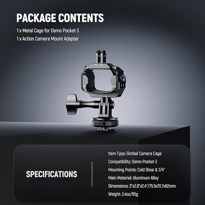 NEEWER Pocket 3 Cage, Aluminum Alloy Gimbal Video Recording Rig with Action Camera Extension Adapter 1/4" Threads Cold Shoe Compatible with DJI Osmo Pocket 3 Creator Combo, No Assembly Needed, AC009
